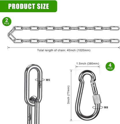 2Pcs 40" (3.3 ft) 304 Stainless Steel Hanging Chains with 4 Carabiners 1000 LB Capacity Swing Chain Extension Hammock Chains with Hooks Hardware Chain for Hanging Chair, Porch Swing, Egg Chair