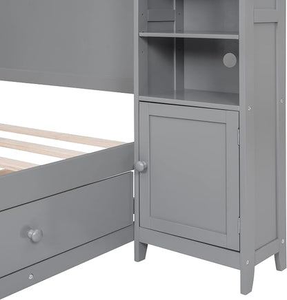 Merax Full Size Wooden Bed with All-in-One Cabinet and Shelf, Gray Bed Frame with 4 Storage Drawers