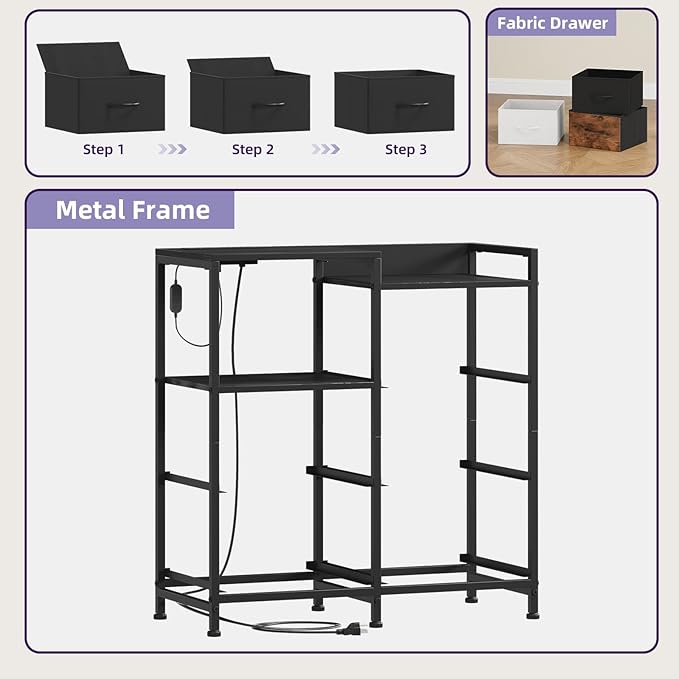 Somdot Black Nightstand with Charging Station and LED Light, Wide 5 Drawers Dresser for Bedroom with Fabric Bins and Open Shelf for Bedroom Kids Closet Dorm Guest Room, Black