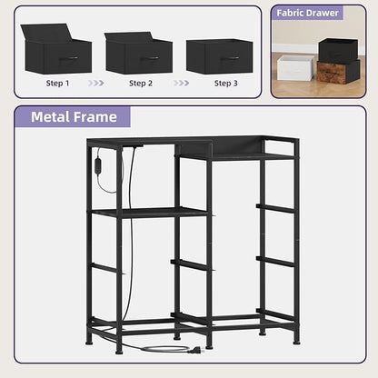 Somdot Black Nightstand with Charging Station and LED Light, Wide 5 Drawers Dresser for Bedroom with Fabric Bins and Open Shelf for Bedroom Kids Closet Dorm Guest Room, Black