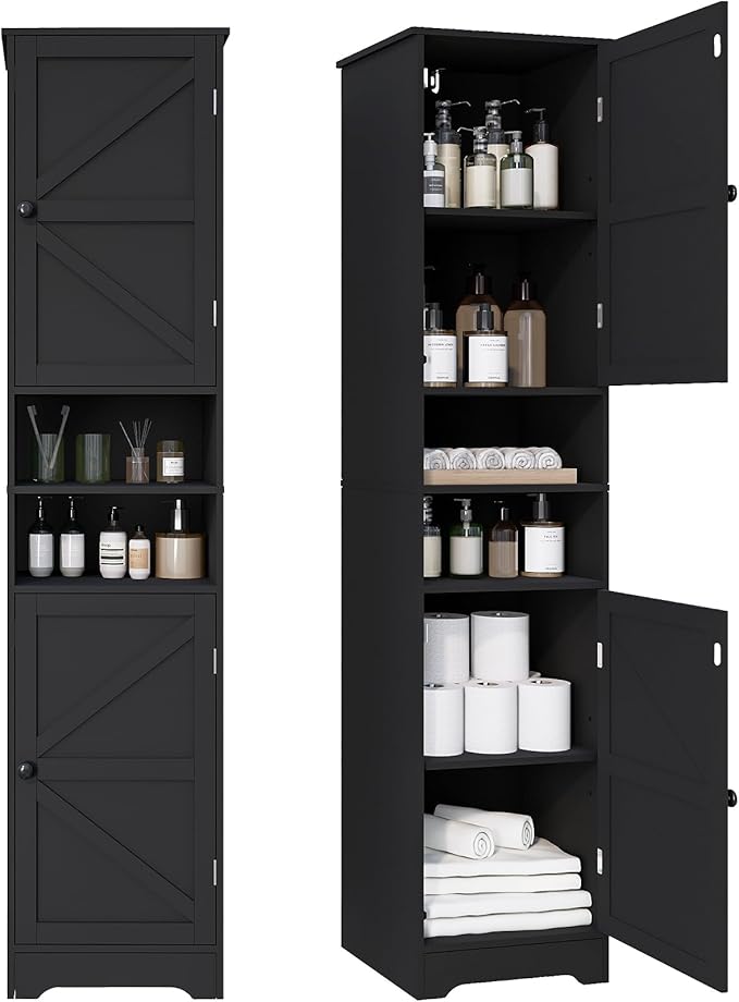 Viaozutis Tall Bathroom Storage Cabinet, Slim Freestanding Cabinet with Adjustable Shelves, Vertical Storage Organizer for Small Bathrooms, Toilet Paper & Daily Essentials Storage Black