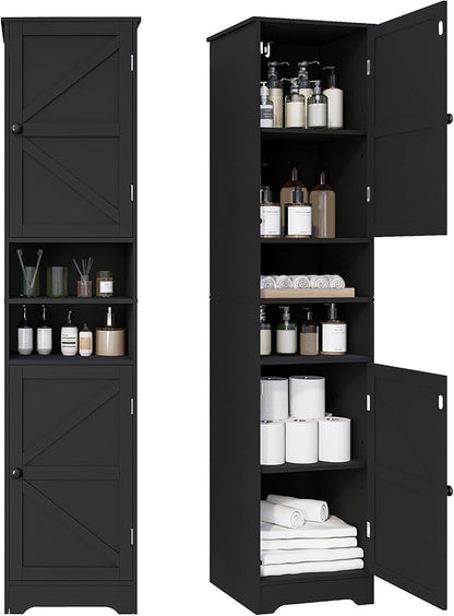 Viaozutis Tall Bathroom Storage Cabinet, Slim Freestanding Cabinet with Adjustable Shelves, Vertical Storage Organizer for Small Bathrooms, Toilet Paper & Daily Essentials Storage Black
