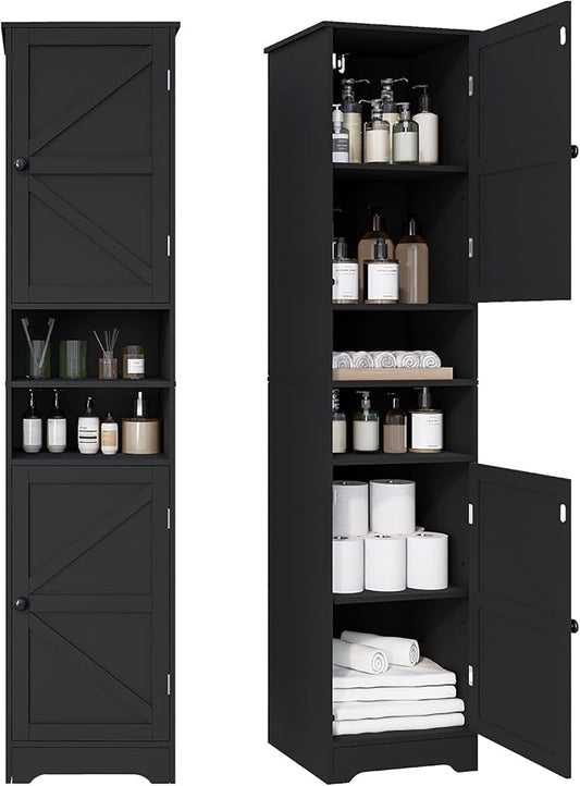 Viaozutis Tall Bathroom Storage Cabinet, Slim Freestanding Cabinet with Adjustable Shelves, Vertical Storage Organizer for Small Bathrooms, Toilet Paper & Daily Essentials Storage Black