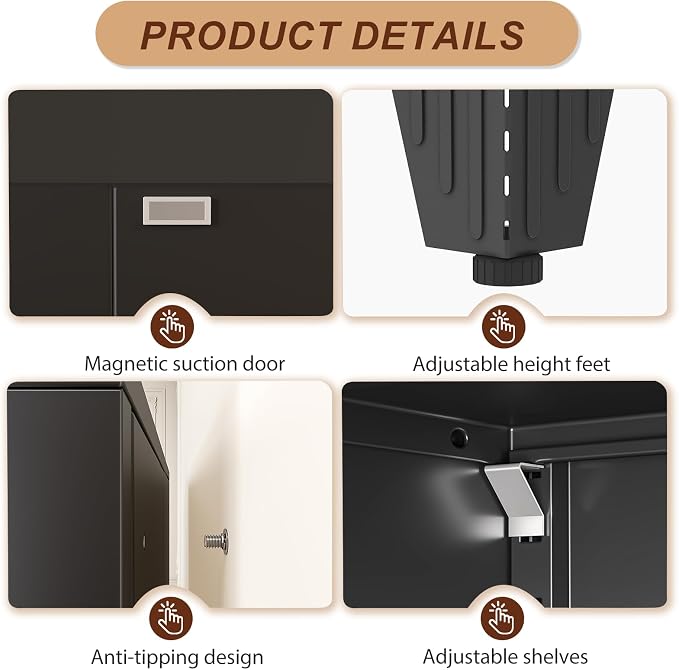 47" Black Metal Storage Cabinet with 2 Doors and 3 Adjustable Shelves,Steel Garage Tool Cabinet, File Cabinet,Kitchen Pantry Cabinet for Home,Office,Garage,School,Warehouse