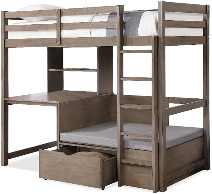 BOWERY HILL Modern Wood Twin Over Workstation Loft Bed, Warm Gray Finish, Solid Wood and MDF, 78.38" L x 43.75" W x 68.75" H, Space-Saving Design with Desk, Reading Nook, Drawer Storage, Transitional