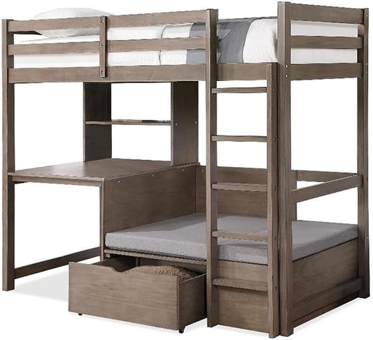BOWERY HILL Modern Wood Twin Over Workstation Loft Bed, Warm Gray Finish, Solid Wood and MDF, 78.38" L x 43.75" W x 68.75" H, Space-Saving Design with Desk, Reading Nook, Drawer Storage, Transitional