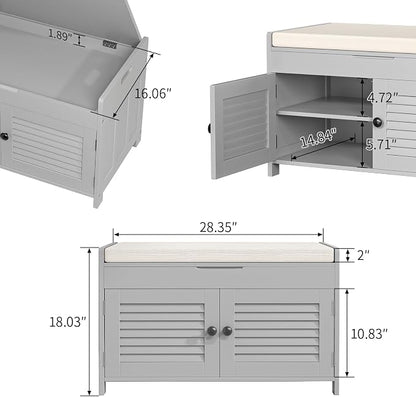 WARMHONIU Shoe Storage Bench with Lift Top Storage, Entryway Bench with Cushioned Seat, Adjustable Shelf, 2 Tier Shoe Rack with Doors for Entryway, Bedroom, Hallway, Mudroom, Grey