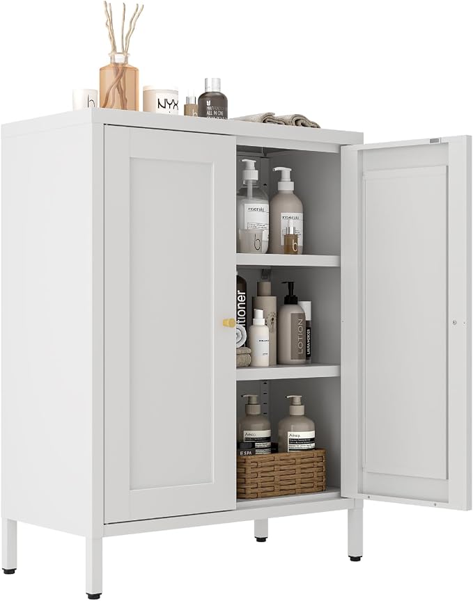 Metal Bathroom Cabinet, Small Floor Storage Cabinet, Freestanding Sideboard with 2 Adjustable Shelves for Living Room, Dining Room (White, 31.5" H-2 Doors)