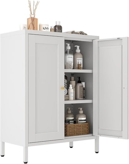 Metal Bathroom Cabinet, Small Floor Storage Cabinet, Freestanding Sideboard with 2 Adjustable Shelves for Living Room, Dining Room (White, 31.5" H-2 Doors)