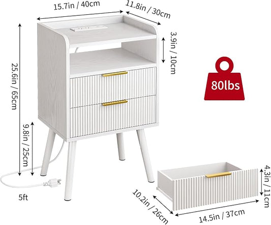 Fixwal White Fluted Nightstand with Charging Station, LED Night Stand with 2 Wood Drawers for Bedroom, Modern Bedside Table, 15.7 x 11.8 x 25.6in
