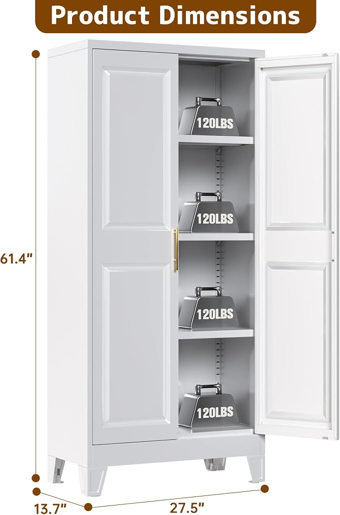 61.4" H Metal Pantry Cabinet with 3 Adjustable Shelves, Kitchen Pantry Cabinet with 2 Doors, Freestanding Food Cabinet for Kitchen, Home, Assembly Required, White