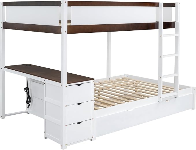 Ball & Cast Full-Over-Full Bunk Bed with Twin Size Trundle,Solid Wood Bedframe W/Desk & Drawers,USB,Space Saving,Easy Assembly,Multifunctional Bedroom Furniture Set for Boys Girls Teens,White+Walnut