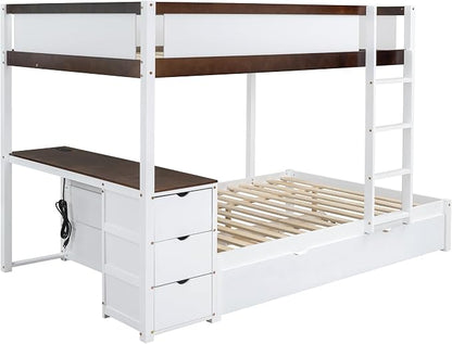 Ball & Cast Full-Over-Full Bunk Bed with Twin Size Trundle,Solid Wood Bedframe W/Desk & Drawers,USB,Space Saving,Easy Assembly,Multifunctional Bedroom Furniture Set for Boys Girls Teens,White+Walnut