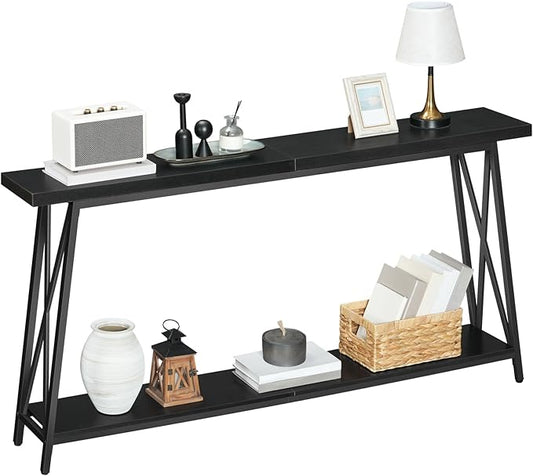 MAHANCRIS Console Table, 63" Industrial Entryway Table, Extra Long 2-Tier Sofa Table Behind Couch, X-Shaped Support, for Entryway, Hallway, Living Room, Black CTHB4801