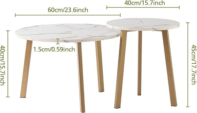 COSIEST Small Coffee Table Set of 2, Round Coffee Table with Sturdy Metal Base, Nesting Coffee Table for Living Room, Bedroom, Office (White & Gold)