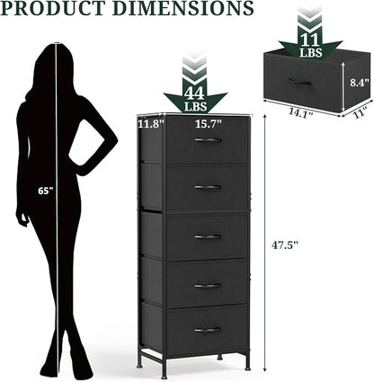 5 Drawers Dresser for Bedroom, Fabric Storage Tower Organizer with Wooden Top and Steel Frame, Tall Chest of Drawers for Closet, Entryway, Dorm, Black