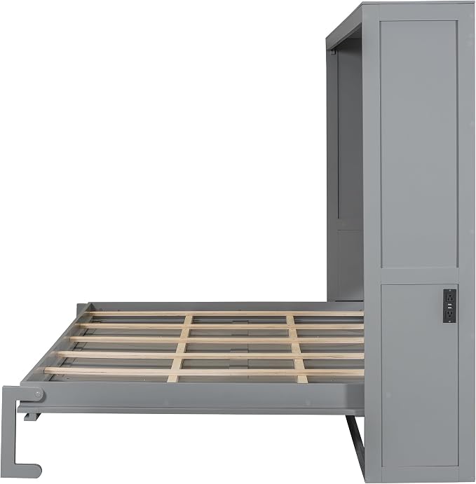 Ball & Cast Queen Size Murphy Bed with Charging Station and Slat Support,Wood Hideaway Cabinet Platform Beds w/Leg & Lock,can be Folded,Space-Saving,for Small Room,Dorms,Gray