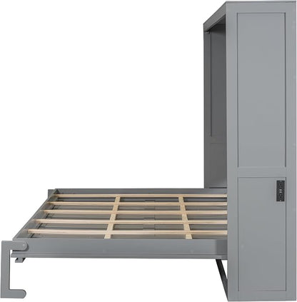 Ball & Cast Queen Size Murphy Bed with Charging Station and Slat Support,Wood Hideaway Cabinet Platform Beds w/Leg & Lock,can be Folded,Space-Saving,for Small Room,Dorms,Gray