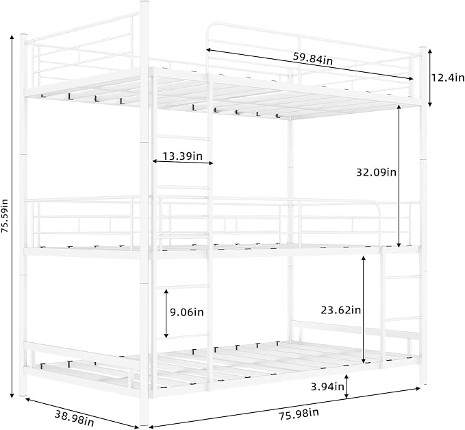 Triple Bunk Bed, Heavy Duty Twin Over Twin Over Twin Metal Bunkbeds with Guardrails, Ladder, 3 Bunk Beds, Bedroom, No Box Spring Needed, Easy Assembly,White