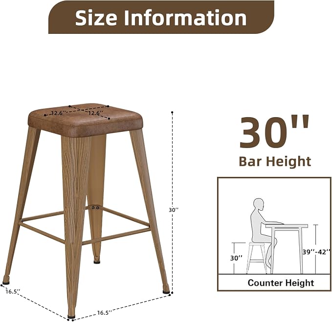 Bar Stools Set of 4, 30" Bar Height Bar Stools Backless, Upholstered Bar Stools with Metal Legs for Kitchen Island, Study Room, Cafe, Walnut