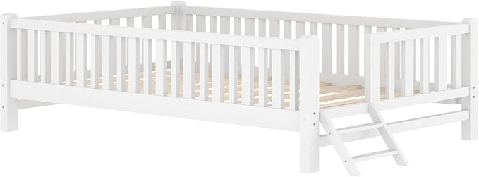 Merax Wood Twin Size Platform Bed with Guardrail, Kids Bed Frame with Stairs, White