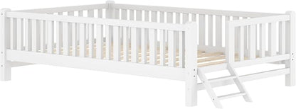 Merax Wood Twin Size Platform Bed with Guardrail, Kids Bed Frame with Stairs, White