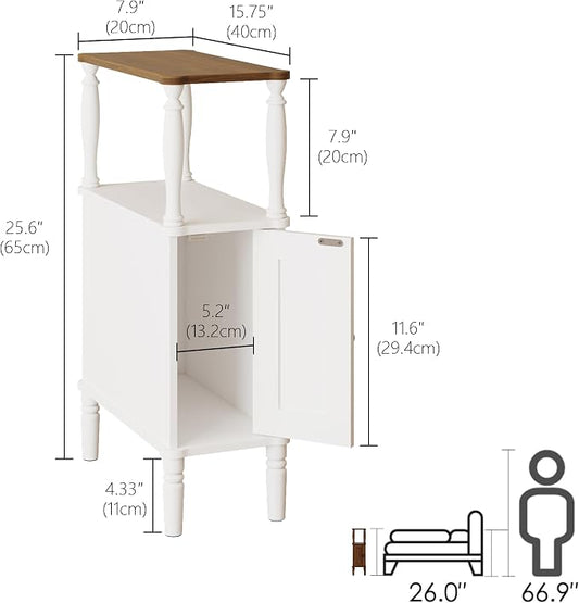 Veegle Narrow Nightstand, Skinny End Side Table(White) | Mid-Century Modern Nightstand with Storage,bedside table for Bedroom and Living Room