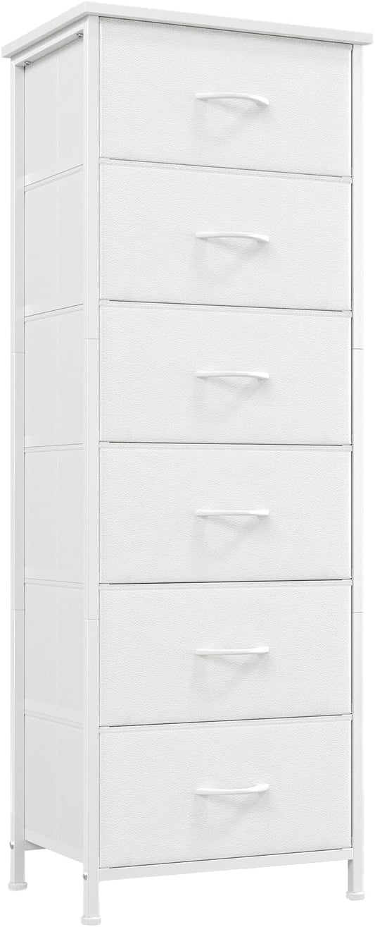 Somdot Tall Dresser for Bedroom with 6 Drawers, Storage Organizer Chest of Drawers with Removable Fabric Bins for Closet Bedside Living Room Laundry Entryway Hallway, White Leather