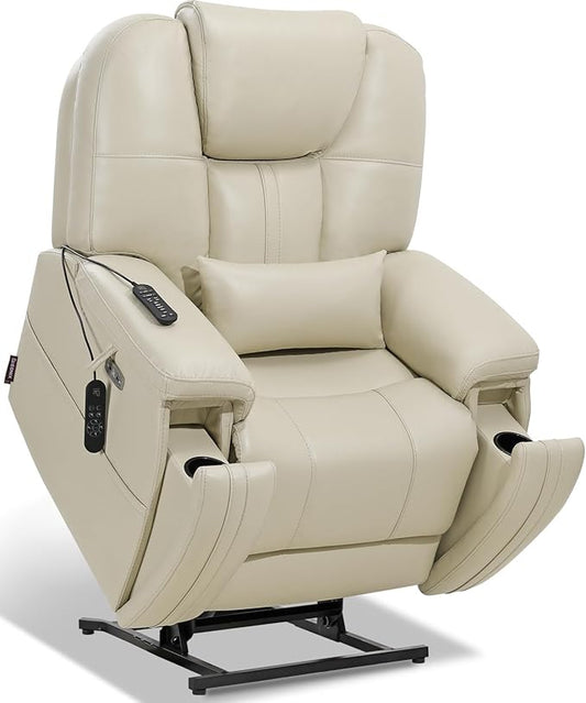 EONIX Triple Motor Lay Flat Power Lift Recliner Chair for Elderly with Adjustable Headrest, 400lbs Electirc Lift Chair for Living Room, Lumbar Pillow, Extended Footrest, Cream White