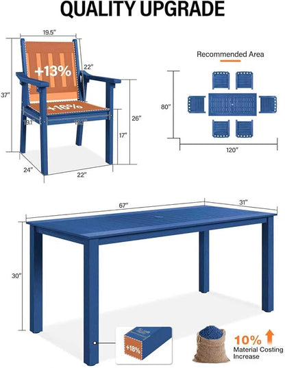 YEFU HIPS Patio Table Set: 7 Piece Outdoor Table and Chairs Dining Furniture Set with Umbrella Hole - Blue Modern Plastic Dining Sets 6 Person for Outside Deck with Metal Aluminum Frame
