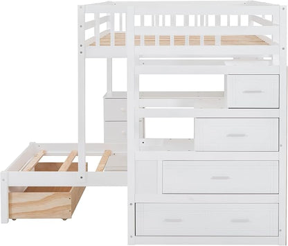 Merax Full Over Twin Bunk Bed with Desk, Drawers and Shelves, White