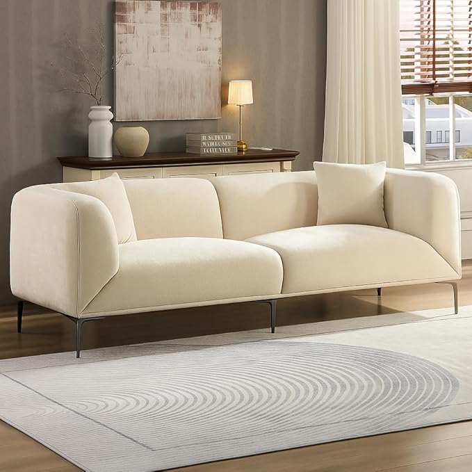 82.68" Modern Luxury Fabric Sofa Couch with Metal Legs, Upholstered 3-Seater Sofa for Living Room, Easy Assembly Contemporary Linen Couch, Stylish Comfort Seating for Apartment & Home(White)
