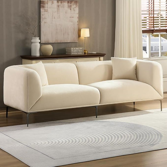 82.68" Modern Luxury Fabric Sofa Couch with Metal Legs, Upholstered 3-Seater Sofa for Living Room, Easy Assembly Contemporary Linen Couch, Stylish Comfort Seating for Apartment & Home(White)