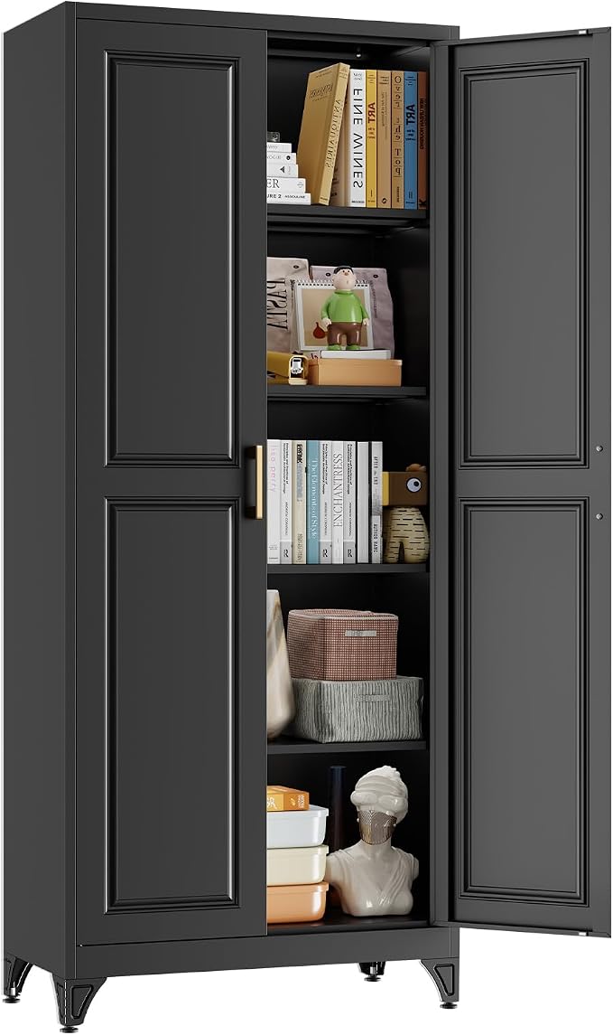 75" Tall Black Metal Storage Cabinet with 2 Doors and 4 Adjustable Shelves, Heavy Duty Steel Pantry Cabinet for Garage, Home Office, Kitchen and Laundry Room, Freestanding Utility Cupboard