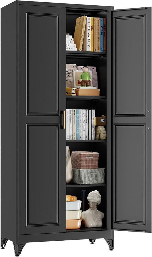 75" Tall Black Metal Storage Cabinet with 2 Doors and 4 Adjustable Shelves, Heavy Duty Steel Pantry Cabinet for Garage, Home Office, Kitchen and Laundry Room, Freestanding Utility Cupboard