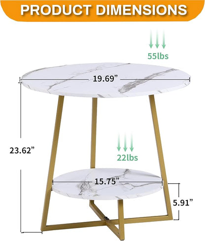 D&H FURNIMMT 20" Living Room Side Table for Small Spaces, 2 Tier Wood Top Round End Tables with Storage Shelf, Accent Sofa Table for Bedroom, Office, Sunroom, Balcony, White Faux Marble/Gold