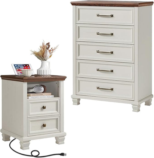 SAVOR LIFE Farmhouse Dresser and Nightstand Sets 2 Piece, 5 Drawer Dresser & 2 Drawer Nightstand Set, Rustic Wood Bedroom Furniture Set for Home, Bedroom, Hallway, White