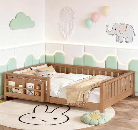Bellemave Queen Size Floor Bed with high Rails and with Built-in Bookshelf for Kids, Girls, Boys, Wood Montessori Floor Bed Without Door, Natural