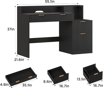 Vabches Fluted Computer Desk with Power Outlets, Home Office Desk with Drawers, Printer Stand, Wood Computer Desk with Long Monitor Stand, Black