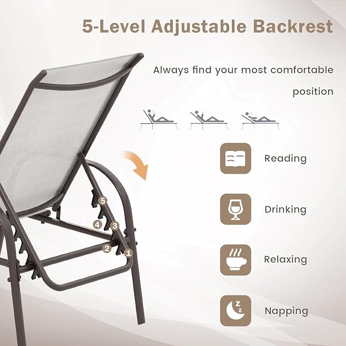 Giantex Set of 2 Patio Lounge Chair, Outdoor Chaise Lounge with 5 Adjustable Backrest, Sturdy Steel Frame, Sunbathing Recliner, Beach Chair, Tanning Chair for Outside, Yard, Balcony, Pool Chairs, Grey