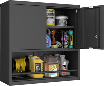 Metal Wall Cabinet, Garage Wall Cabinet with Lock, Wall Mounted Heavy Duty Steel Tool Cabinet with Door and Shelf, Locking Cabinet for Garage Warehouse Bathroom Kitchen, Black