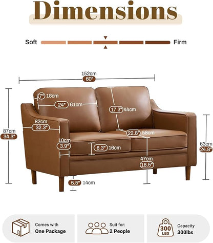 Kingfun 60" Faux Leather Sofa, Loveseat Couch, Mid Century Modern Love Seat Couches with Solid Wood Frame for Living Room Bedroom