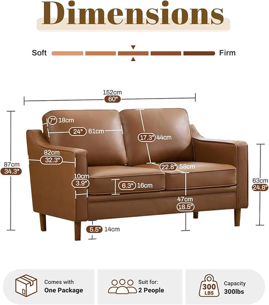 Kingfun 60" Faux Leather Sofa, Loveseat Couch, Mid Century Modern Love Seat Couches with Solid Wood Frame for Living Room Bedroom