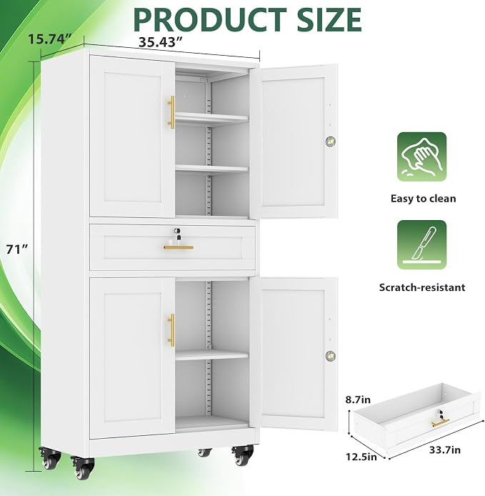 Lockable Metal Storage Cabinet, 71" Tall White Cabinet with Wheels | Garage Storage Cabinet with Drawers, 3 Adjustable Shelves and Lock, Steel Construction – Suitable for Office, Home, School