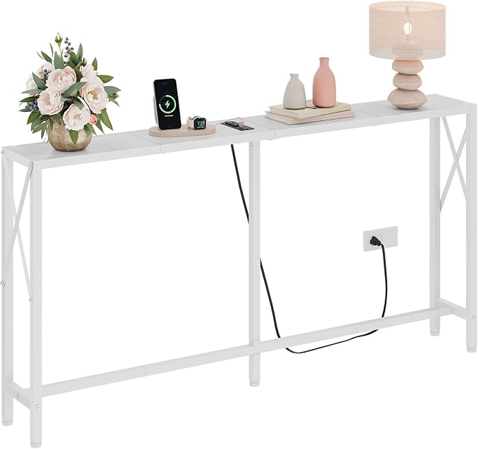 Gewudraw Console Table with Oulets and USB Ports, 55.1" Sofa Table Behind Couch, Industrial Long Skinny Stand for Hallway, Living Room, Bedroom, 6.5 Feet Power Cord, White