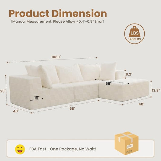 Modular Sectional Sofa, 108" L-Shaped Boneless Couch with Deep Seat, Corduroy Cloud Couch for Living Room, Bedroom, No Assembly Required, Ship in a Box, Checkered Beige
