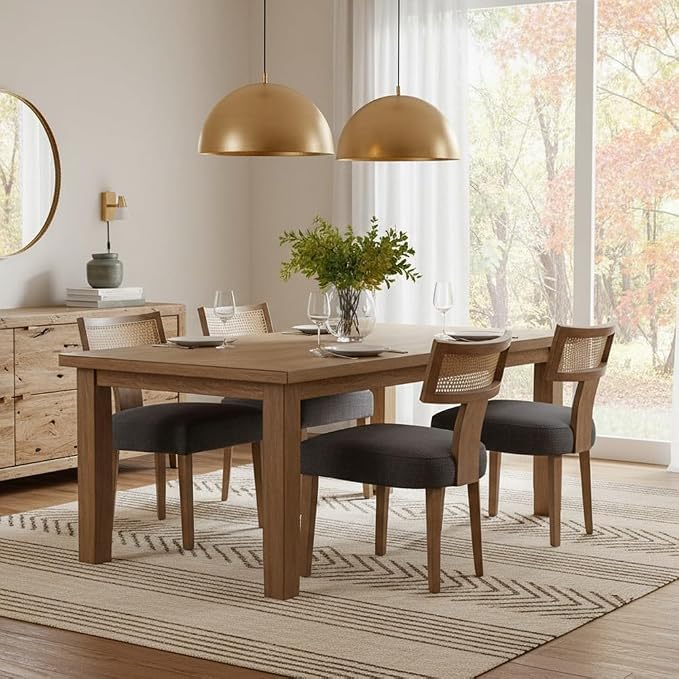 RIVOVA Rattan Dining Chairs Set of 4, Modern Fabric Upholstered Kitchen Chairs, Wooden Dining Room Chair Farmhouse Dinner Chair, Charcoal