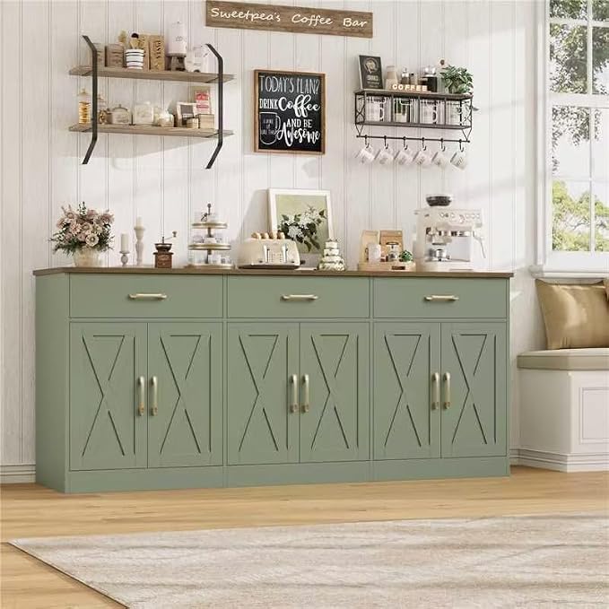 HOSTACK 71" Large Sideboard Buffet Cabinet with Storage, Farmhouse Coffee Bar Cabinet with 3 Drawers, Long Kitchen Buffet Table, Kitchen Sideboard Storage Cabinet for Dining, Living Room, Green/Brown