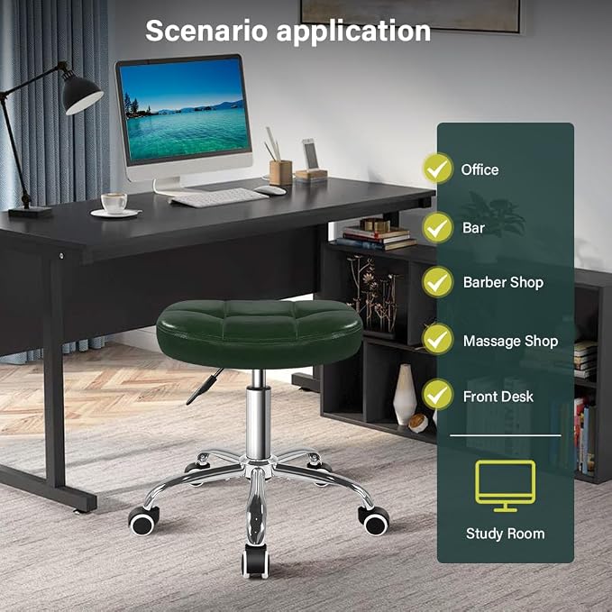 BFTOU 6-Square Lattice PU Swivel Stool with Wheel for Work SPA Shop Massage Height-Adjustable Rolling Stool Chair (Green)