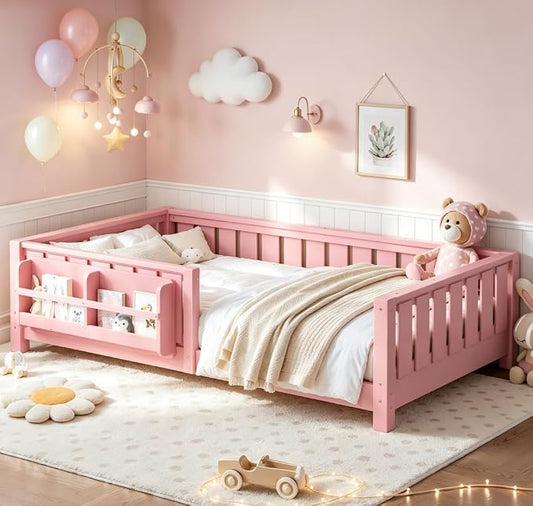 Bellemave Twin Size Floor Bed with high Rails and with Built-in Bookshelf for Kids, Girls, Boys, Wood Montessori Floor Bed Without Door, Pink